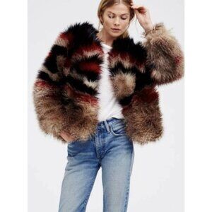 Womens  Free People Tribal Faux Fur Jacket Coat M Scarlet Red Combo EUC RY10395